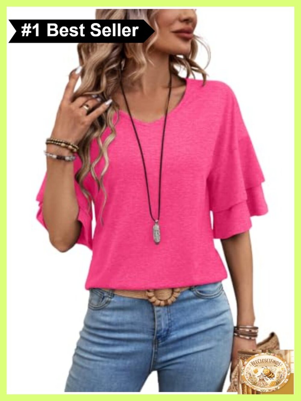 Women's Ruffle 3/4 Sleeve V-Neck Tunic Blouse - Dressy Casual